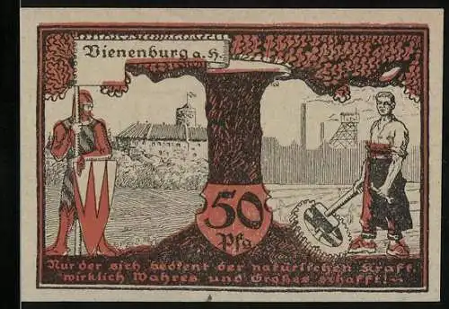 Notgeld Vienenburg, 1921, 50 Pfennig, Ritter und Arbeiter, Buchdruckerei Adolf Sieburg