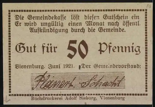 Notgeld Vienenburg, 1921, 50 Pfennig, Ritter und Arbeiter, Buchdruckerei Adolf Sieburg