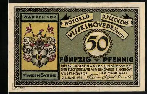 Notgeld Visselhövede 1921, 50 Pfennig, Wappen und Kirche mit Glockenturm aus dem 11. Jahrhundert