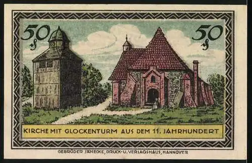 Notgeld Visselhövede 1921, 50 Pfennig, Wappen und Kirche mit Glockenturm aus dem 11. Jahrhundert