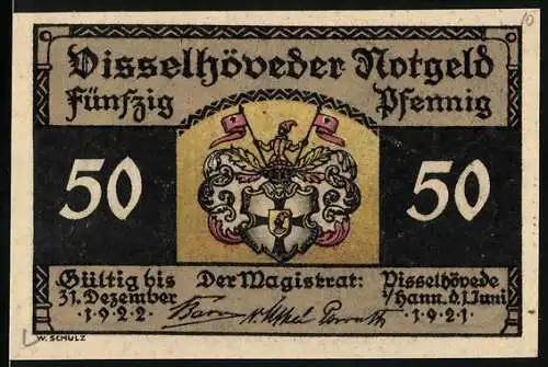 Notgeld Visselhövede 1921, 50 Pfennig, Stadtwappen und Kirche aus dem 11. Jahrhundert. Gültig bis 31. Dezember 1922