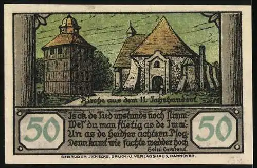 Notgeld Visselhövede 1921, 50 Pfennig, Stadtwappen und Kirche aus dem 11. Jahrhundert. Gültig bis 31. Dezember 1922