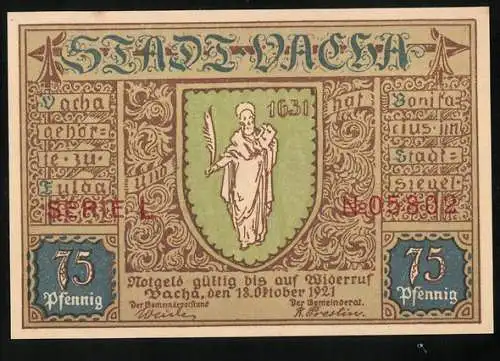 Notgeld Vacha, 1921, 75 Pfennig, Stadtwappen mit Heiliger und Marktplatz-Szene