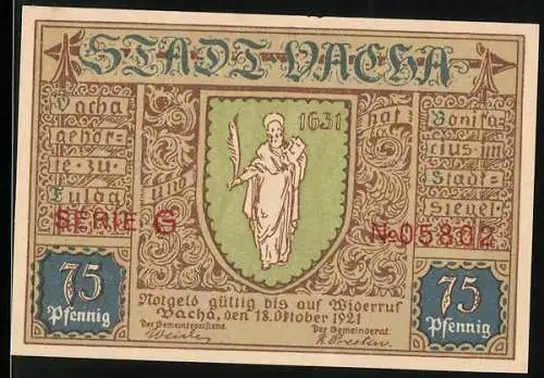 Notgeld Vacha 1921, 75 Pfennig, Stadtwappen und Vitusbrunnen