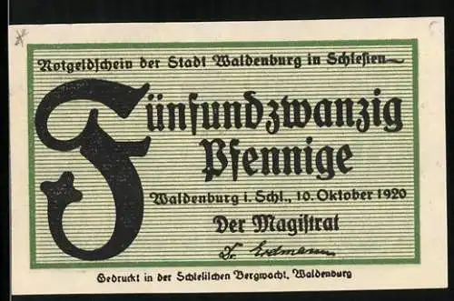 Notgeld Waldenburg 1920, 25 Pfennig, grün-weisser Schein mit gotischen Schriftzügen und dekorativen Mustern