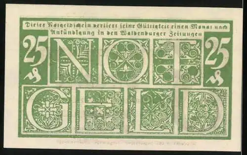 Notgeld Waldenburg 1920, 25 Pfennig, grün-weisser Schein mit gotischen Schriftzügen und dekorativen Mustern