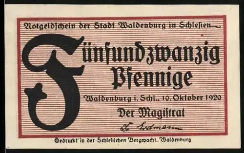 Notgeld Waldenburg 1920, 25 Pfennig, gedruckt in der Schlesischen Verlagsanstalt, Vorderseite mit Text