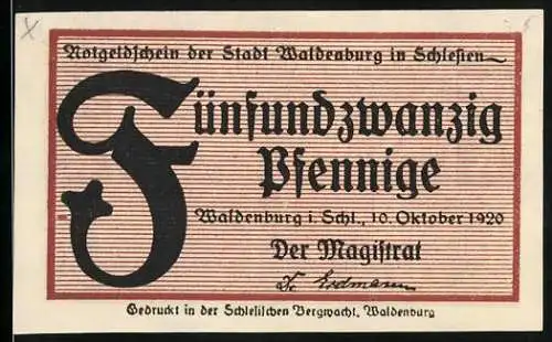 Notgeld Waldenburg 1920, 25 Pfennig, Notgeldschein der Stadt Waldenburg in Schlesien, kunstvolle Rückseite mit Ornament