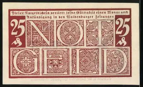 Notgeld Waldenburg 1920, 25 Pfennig, Notgeldschein der Stadt Waldenburg in Schlesien, kunstvolle Rückseite mit Ornament