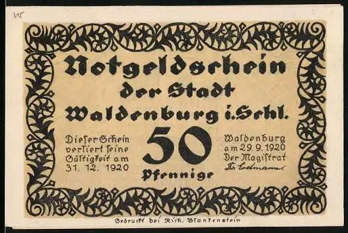 Notgeld Waldenburg 1920, 50 Pfennig, Jubiläumsfeier Stadtgymnasium 50 Jahre, Gebäudeabbildung, Gültigkeit bis 31.12.