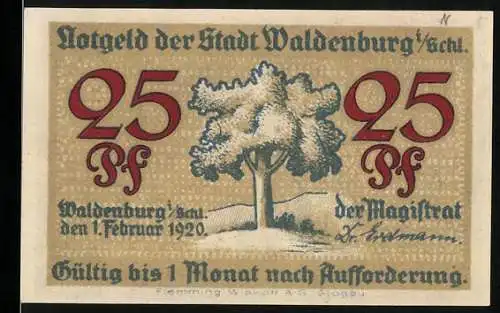 Notgeld Waldenburg 1920, 25 Pf, Baum und Bergarbeiter-Motiv, gültig für 1 Monat nach Aufforderung