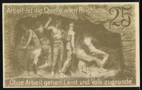 Notgeld Waldenburg 1920, 25 Pf, Baum und Bergarbeiter-Motiv, gültig für 1 Monat nach Aufforderung