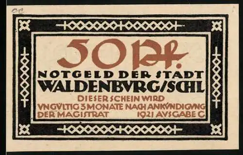 Notgeld Waldenburg / Schlesien 1921, 50 Pf, Vorderseite Text und Verzierung, Rückseite Stadtansicht und Verzierung