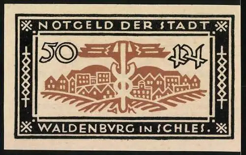 Notgeld Waldenburg / Schlesien 1921, 50 Pf, Vorderseite Text und Verzierung, Rückseite Stadtansicht und Verzierung