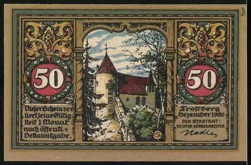 Notgeld Trostberg, 1920, 50 Pfennig, Stadtwappen und Burgansicht