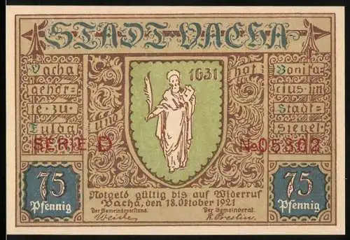 Notgeld Vacha 1921, 75 Pfennig, Motiv mit Wappen und Storchenturm