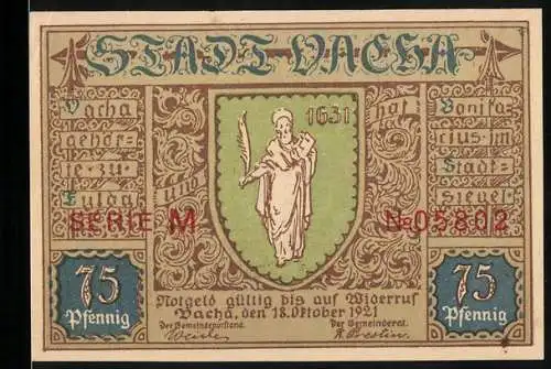 Notgeld Vacha 1921, 75 Pfennig, Stadtwappen und Gebäude in Sachsenheim