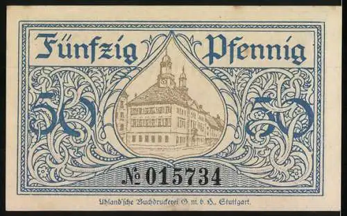 Notgeld Tuttlingen, 1920, 50 Pfennig, Kriegsnotgeld mit Stadtansicht und Gebäudemotiv