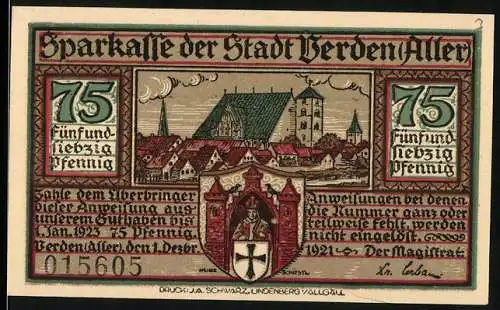 Notgeld Verden / Aller 1921, 75 Pfennig, Stadtansicht und Wappen, Rückseite mit Teufelsszene