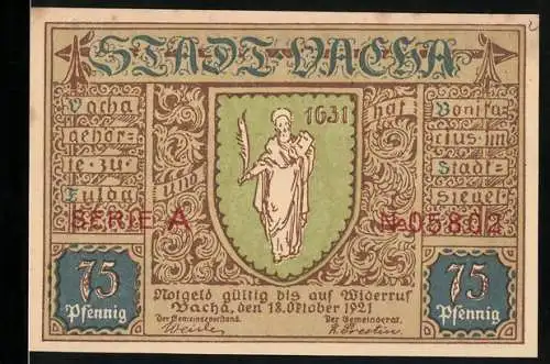 Notgeld Vacha 1921, 75 Pfennig, Stadtwappen und Stadtansicht um 1650