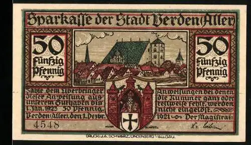 Notgeld Verden, 1921, 50 Pfennig, Sparkasse der Stadt Verden mit Stadtansicht und historischem Motiv