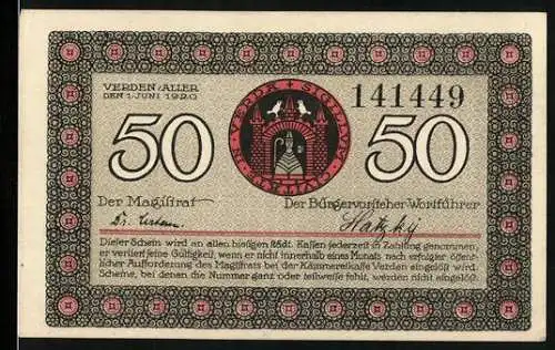 Notgeld Verden Aller 1920, 50 Pfennig, Stadtwappen und Stadtsilhouette im Rahmen