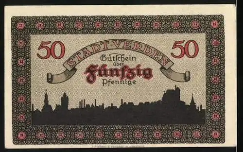 Notgeld Verden Aller 1920, 50 Pfennig, Stadtwappen und Stadtsilhouette im Rahmen