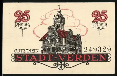 Notgeld Verden, 1920, 25 Pfennig, Gutschein der Stadt Verden mit Abbildung eines historischen Gebäudes