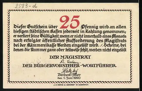 Notgeld Verden, 1920, 25 Pfennig, Gutschein der Stadt Verden mit Abbildung eines historischen Gebäudes