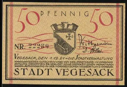 Notgeld Vegesack, 1921, 50 Pfennig, Wappen und Gebäudeabbildung