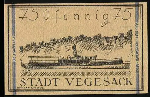 Notgeld Vegesack 1921, 75 Pfennig, Dampfschiff und Stadtwappen