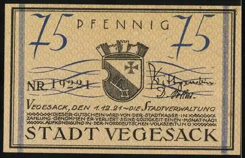 Notgeld Vegesack 1921, 75 Pfennig, Dampfschiff und Stadtwappen