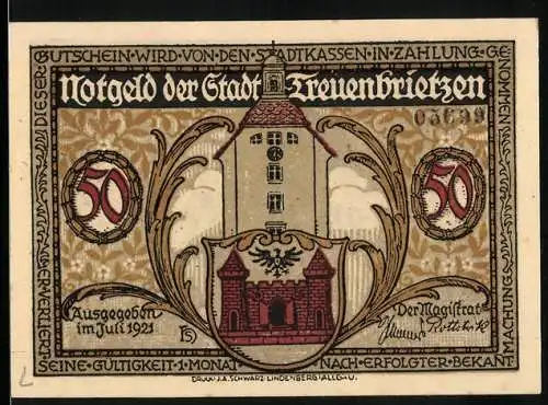 Notgeld Treuenbrietzen, 1921, 50 Pfennig, Stadttor und historische Szene mit Soldaten