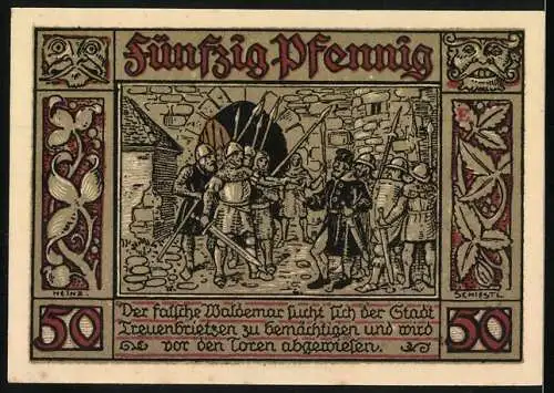 Notgeld Treuenbrietzen, 1921, 50 Pfennig, Stadttor und historische Szene mit Soldaten