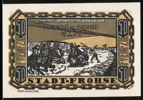 Notgeld Frohse 1921, 50 Pfennig, Schlacht bei Frohse und Stadtwappen, Stadt Frohse, beidseitig bedruckt