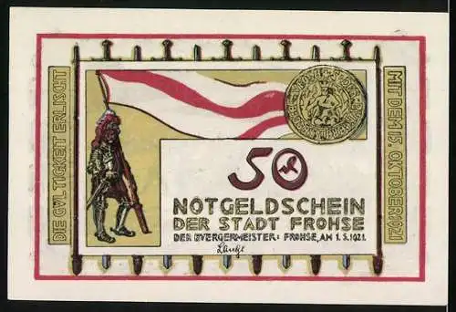 Notgeld Frohse 1921, 50 Pfennig, Schlacht bei Frohse und Stadtwappen, Stadt Frohse, beidseitig bedruckt