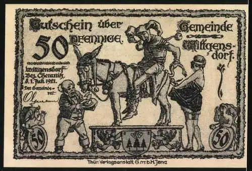 Notgeld Wittgensdorf, 1921, 50 Pfennig, Szene mit Menschen und Handwerkssymbolen, Rückseite mit Eselsreiter und Wappen