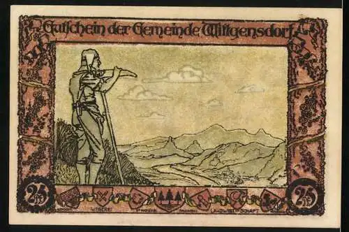 Notgeld Wittgensdorf, 1921, 25 Pfennig, Reiter auf Esel und Landschaft mit Bergarbeiter