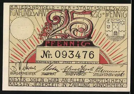 Notgeld Schleswig, 1921, 25 Pfennig, Kriegsnotgeld der Stadt Schleswig mit Stadtansicht und Nummer 093476
