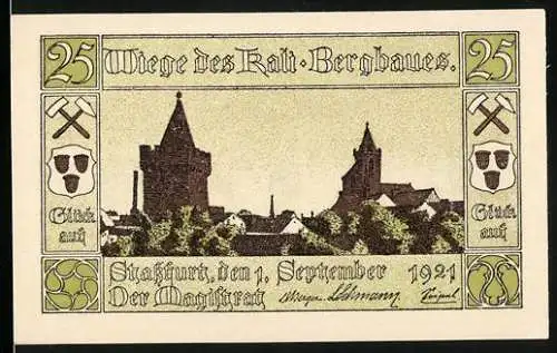 Notgeld Stassfurt, 1921, 25 Pfennig, Wiege des Kalibergbaues mit Stadtansicht und Bergmann