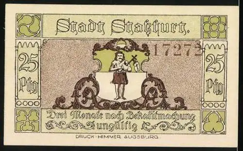 Notgeld Stassfurt, 1921, 25 Pfennig, Wiege des Kalibergbaues mit Stadtansicht und Bergmann
