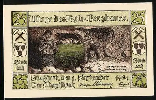 Notgeld Stassfurt 1921, 25 Pfennig, Wiege des Kali-Bergbaues, Bergleute mit Lore und Stadtwappen, drei Monate gültig