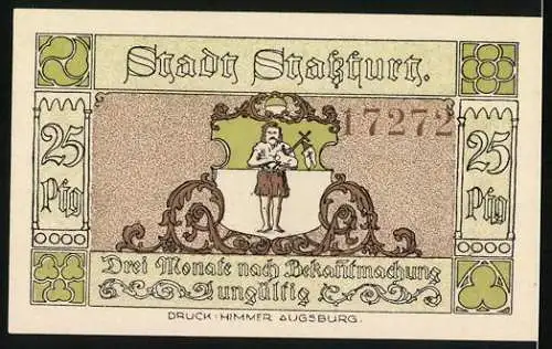 Notgeld Stassfurt 1921, 25 Pfennig, Wiege des Kali-Bergbaues, Bergleute mit Lore und Stadtwappen, drei Monate gültig