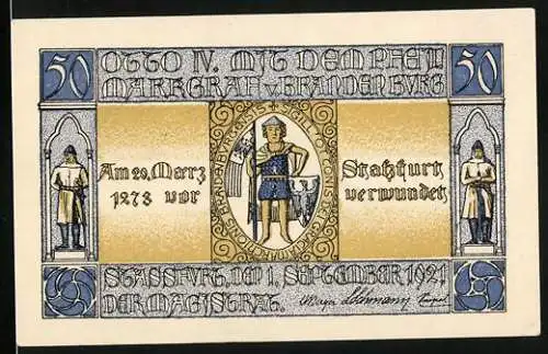Notgeld Stassfurt 1921, 50 Pfennig, Otto IV. mit dem Pfeil Markgraf v. Brandenburg