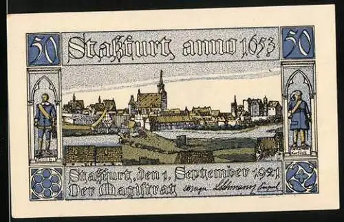 Notgeld Stassfurt 1921, 50 Pfennig, Stadtansicht mit mittelalterlichen Figuren, Serie 17272