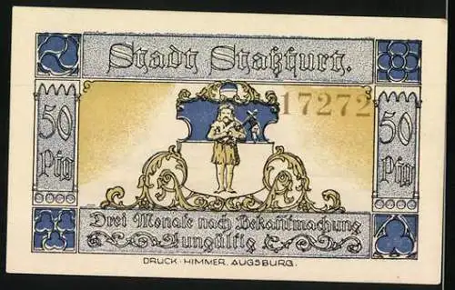 Notgeld Stassfurt 1921, 50 Pfennig, Stadtansicht mit mittelalterlichen Figuren, Serie 17272