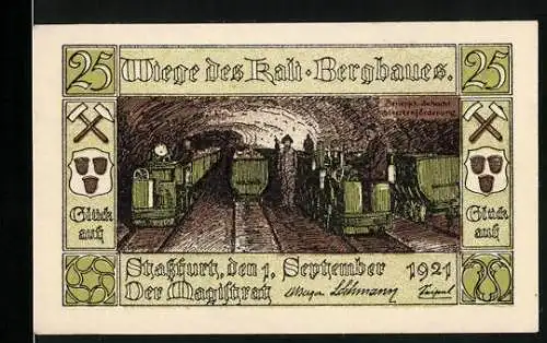 Notgeld Stassfurt, 1921, 25 Pfennig, Wiege des Kali-Bergbaues mit Bergarbeiterszene und Stadtwappen