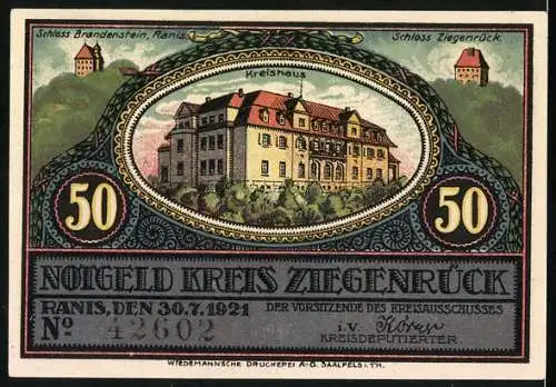 Notgeld Ranis Kreis Ziegenrück 1921, 50 Pfennig, Geplante Saal­talsperre und Kreishaus mit Schlössern