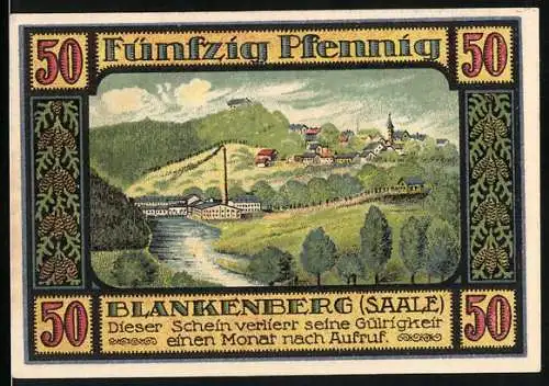 Notgeld Ranis 1921, 50 Pfennig, Landschaft mit Ortschaft Blankenberg / Saale und Text