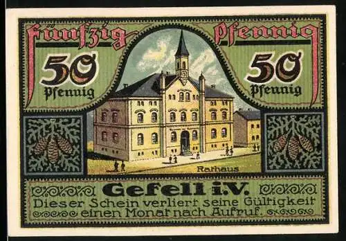 Notgeld Ranis 1921, 50 Pfennig, Gefells i. V. Rathaus Gefell und Kreishaus Ziegenrück, Kreis Ziegenrück